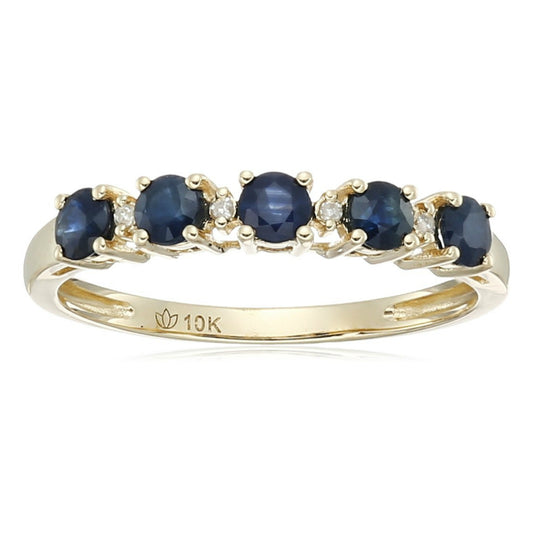 10k Yellow Gold Blue Sapphire and Diamond Accented Stackable Ring - pinctore