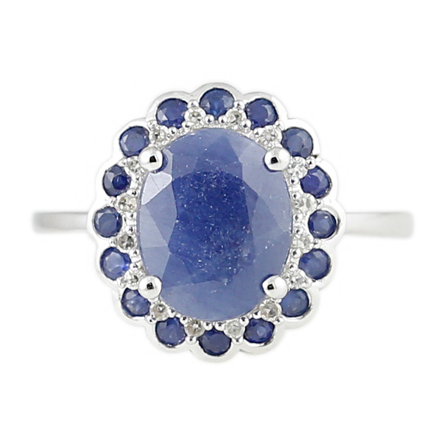 White Sterling Silver Natural Indian Blue Sapphire and Diamond Classic Ring - Pinctore