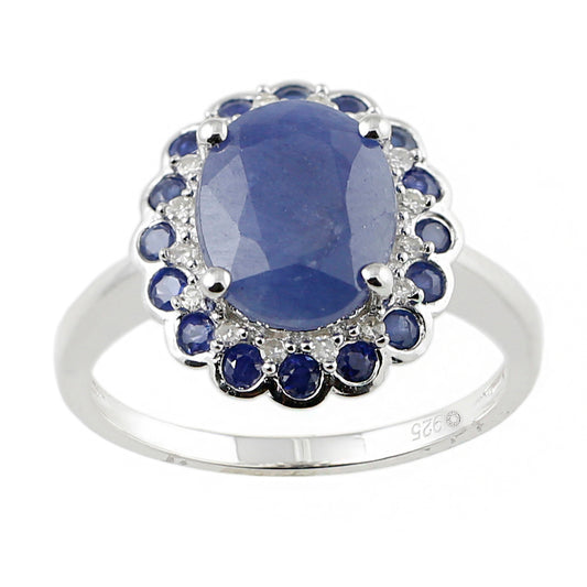 White Sterling Silver Natural Indian Blue Sapphire and Diamond Classic Ring - Pinctore