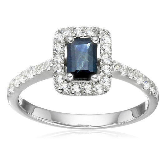 Pinctore Sterling Silver Blue Sapphire Created White Sapphire Halo Ring - pinctore