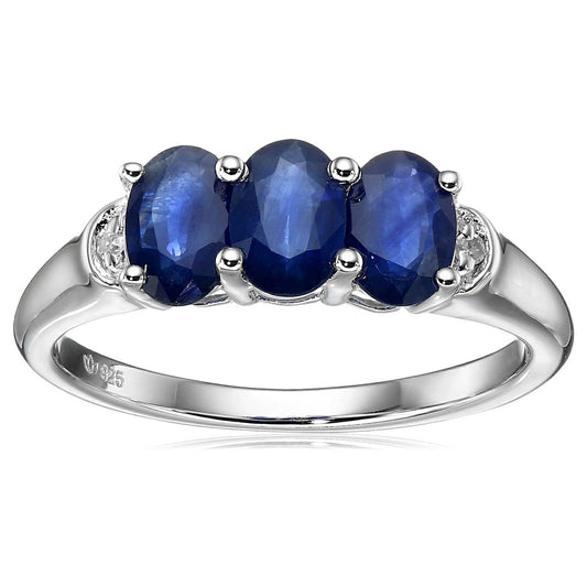 Sterling Silver 1.86ctw Blue Sapphire & Diamond 3-Stone Band Ring - Pinctore