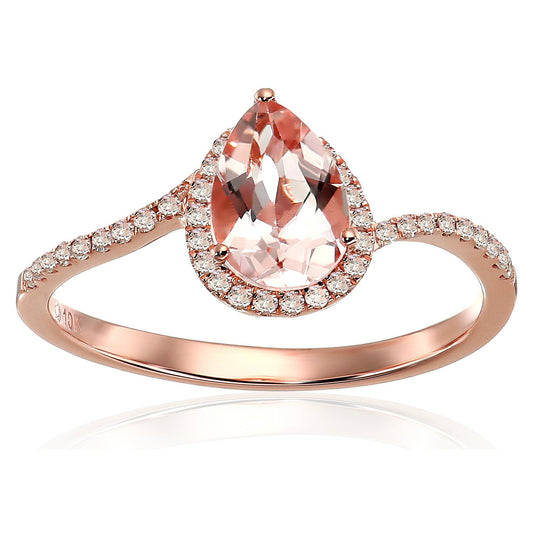 10k Rose Gold Morganite and Diamond Princess Diana Pear Shape Engagement Ring (1/10cttw, H-I Color, SI1-SI2 Clarity), - pinctore