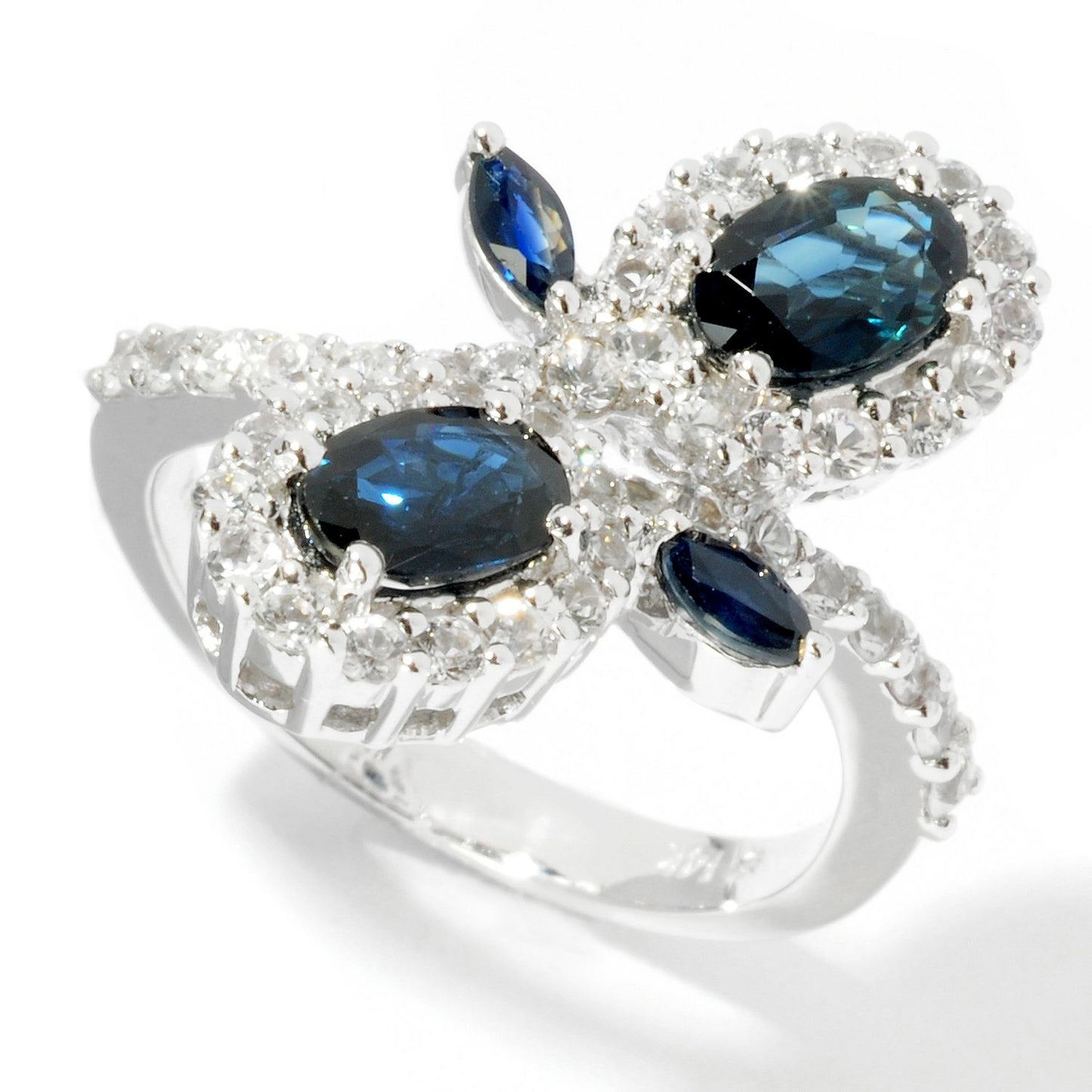 Pinctore Sterling Silver Blue Sapphire and Created White Sapphire Ring - pinctore