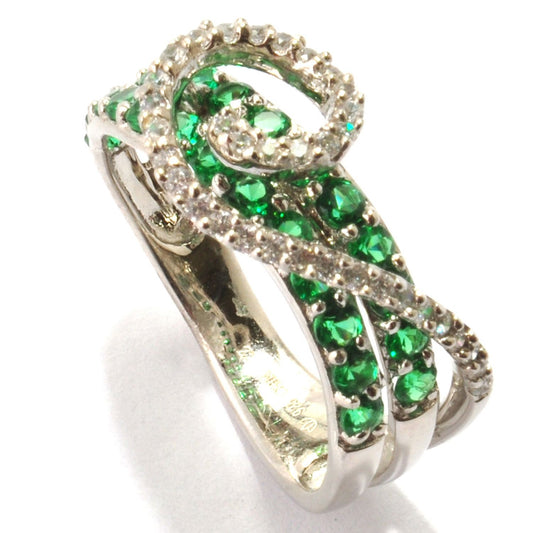 Pinctore Platinum o/Silver 1.28ctw Green Emerald Color CZ Swirl Ring - pinctore