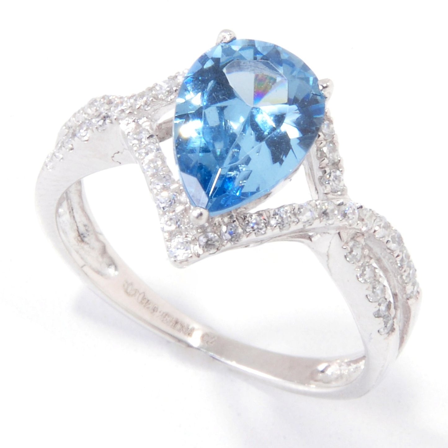 Pinctore Sterling Silver 2.23ctw Blue Color CZ Solitaire w/Accent Ring - pinctore