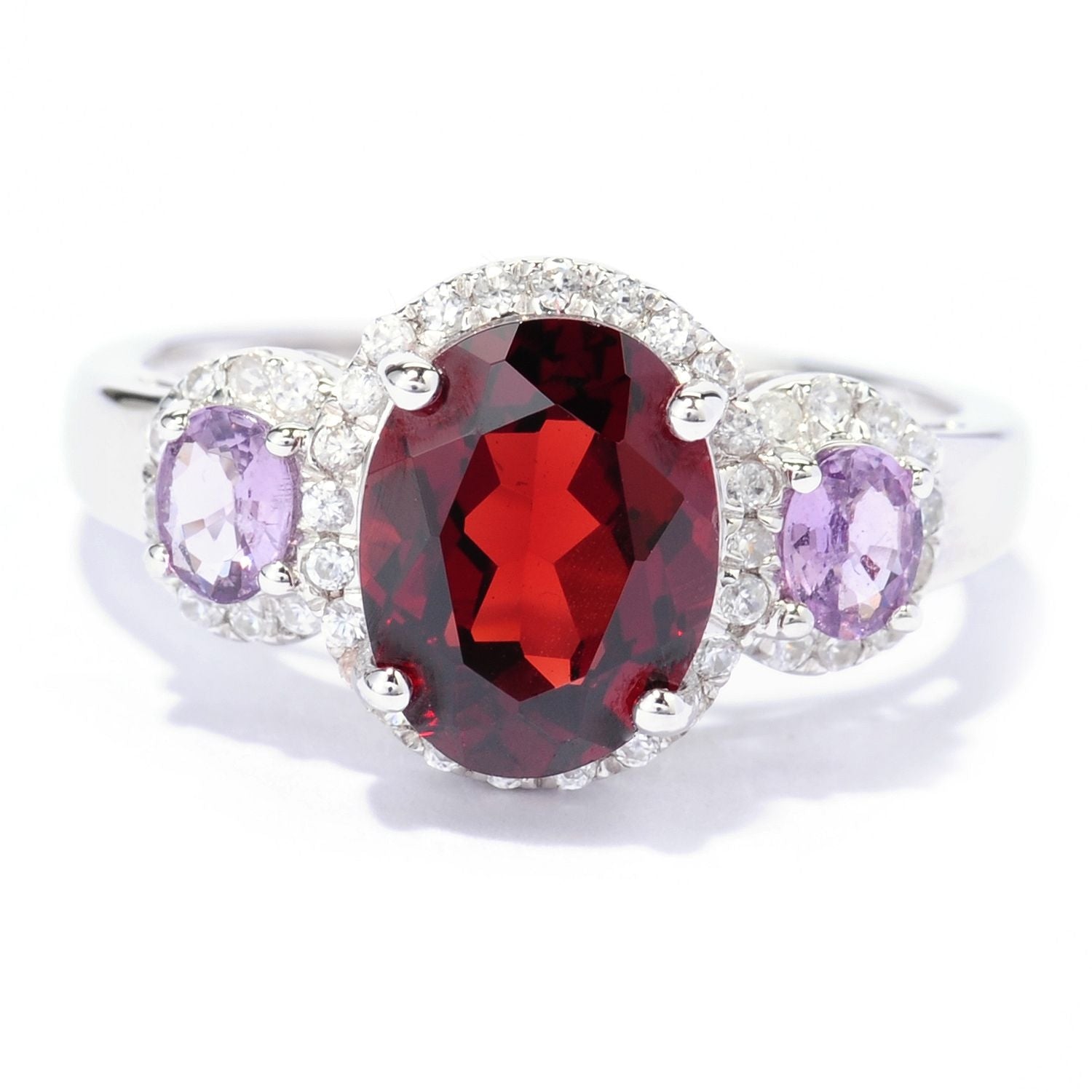 Sterling Silver 2.8Ctw Garnet, Purple Sapphire & White Zircon 3-Stone Ring - Pinctore