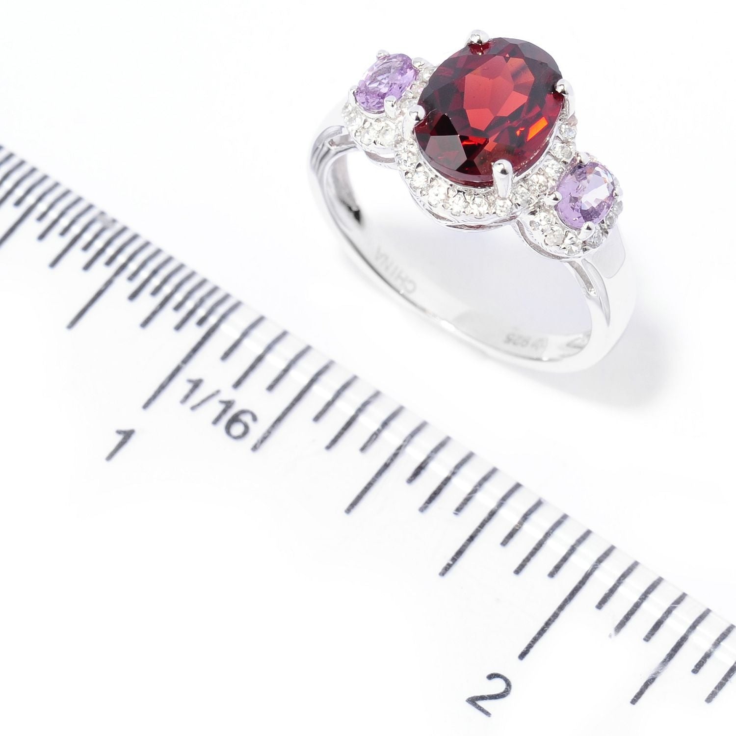 Sterling Silver 2.8Ctw Garnet, Purple Sapphire & White Zircon 3-Stone Ring - Pinctore