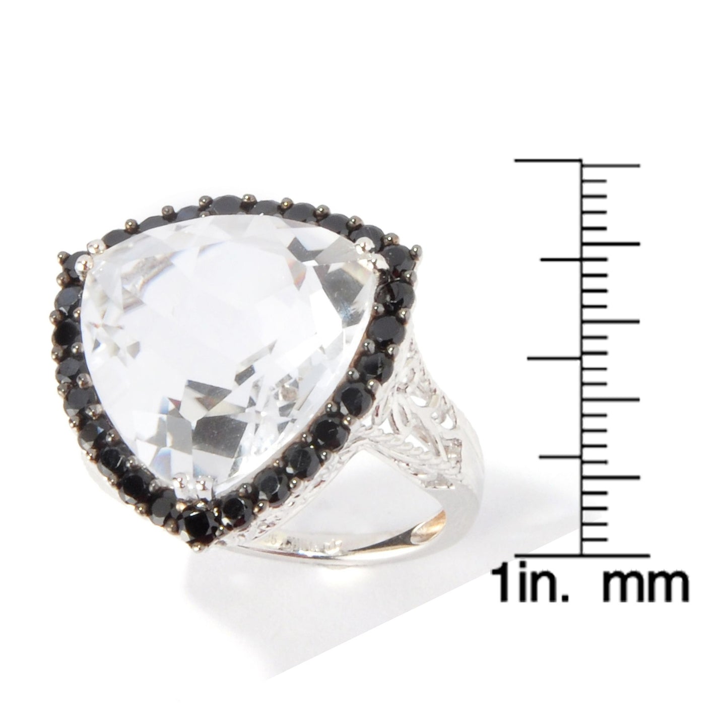 Sterling Silver White Quartz Trillion Black Spinel Ring - Pinctore