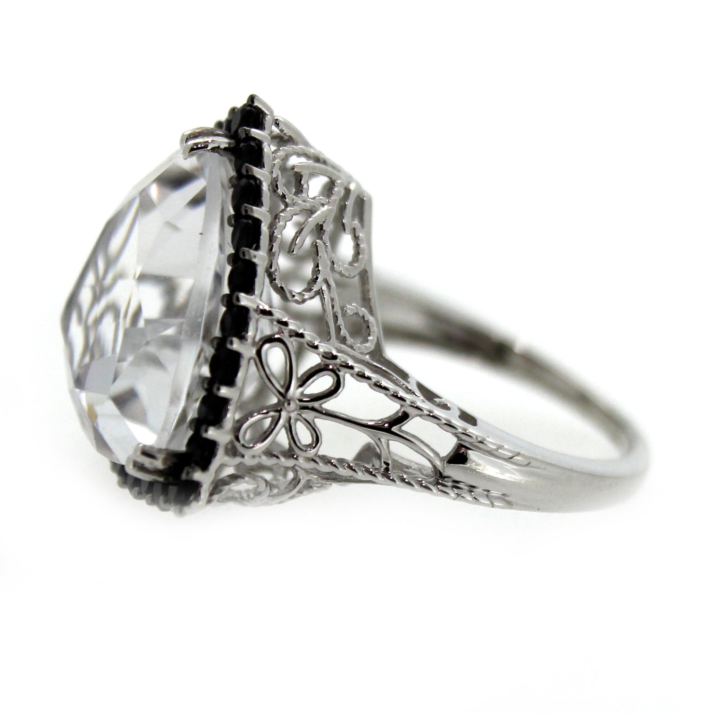 Sterling Silver White Quartz Trillion Black Spinel Ring - Pinctore