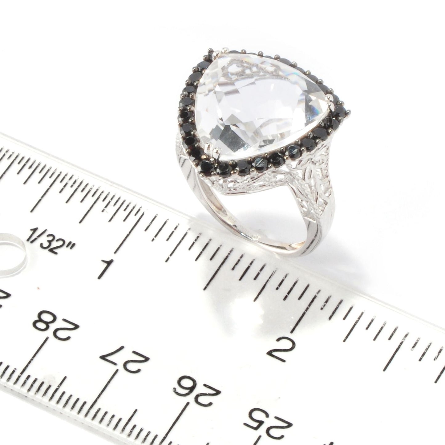 Sterling Silver White Quartz Trillion Black Spinel Ring - Pinctore