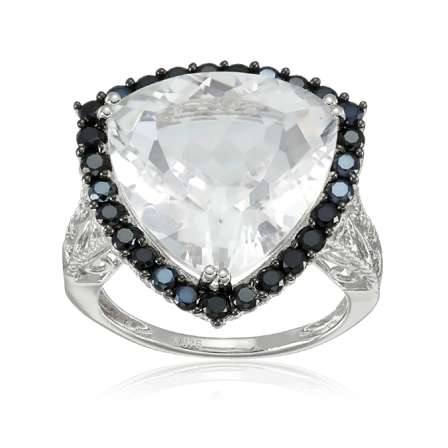 Sterling Silver White Quartz Trillion Black Spinel Ring - Pinctore