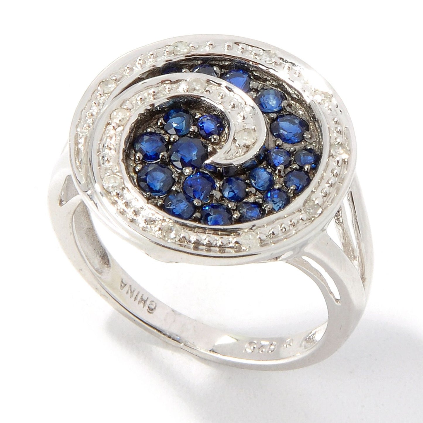 Pinctore Platinum o/Silver 0.71ctw Blue Sapphire & Diamond Cluster Ring - pinctore