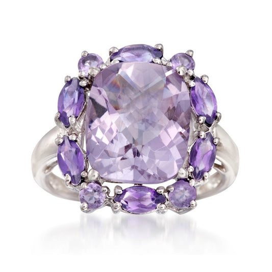 Pinctore Sterling Silver 6.07ctw Pink & African Amethyst Cluster Ring - pinctore