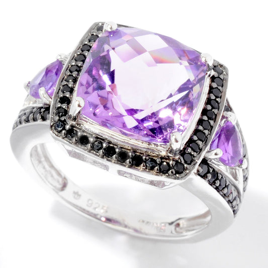 Pinctore SS/ 5.40ctw African Amethyst & Black Spinel Solitaire w/Accent Ring - pinctore