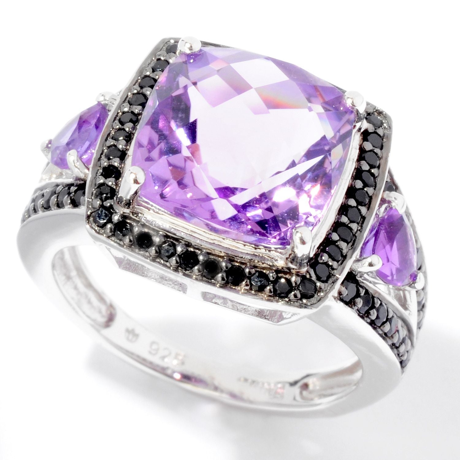 Pinctore SS/ 5.40ctw African Amethyst & Black Spinel Solitaire w/Accent Ring - pinctore