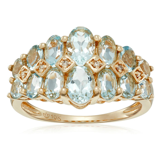10k Yellow Gold Aquamarine and Diamond Accented Band Ring - pinctore