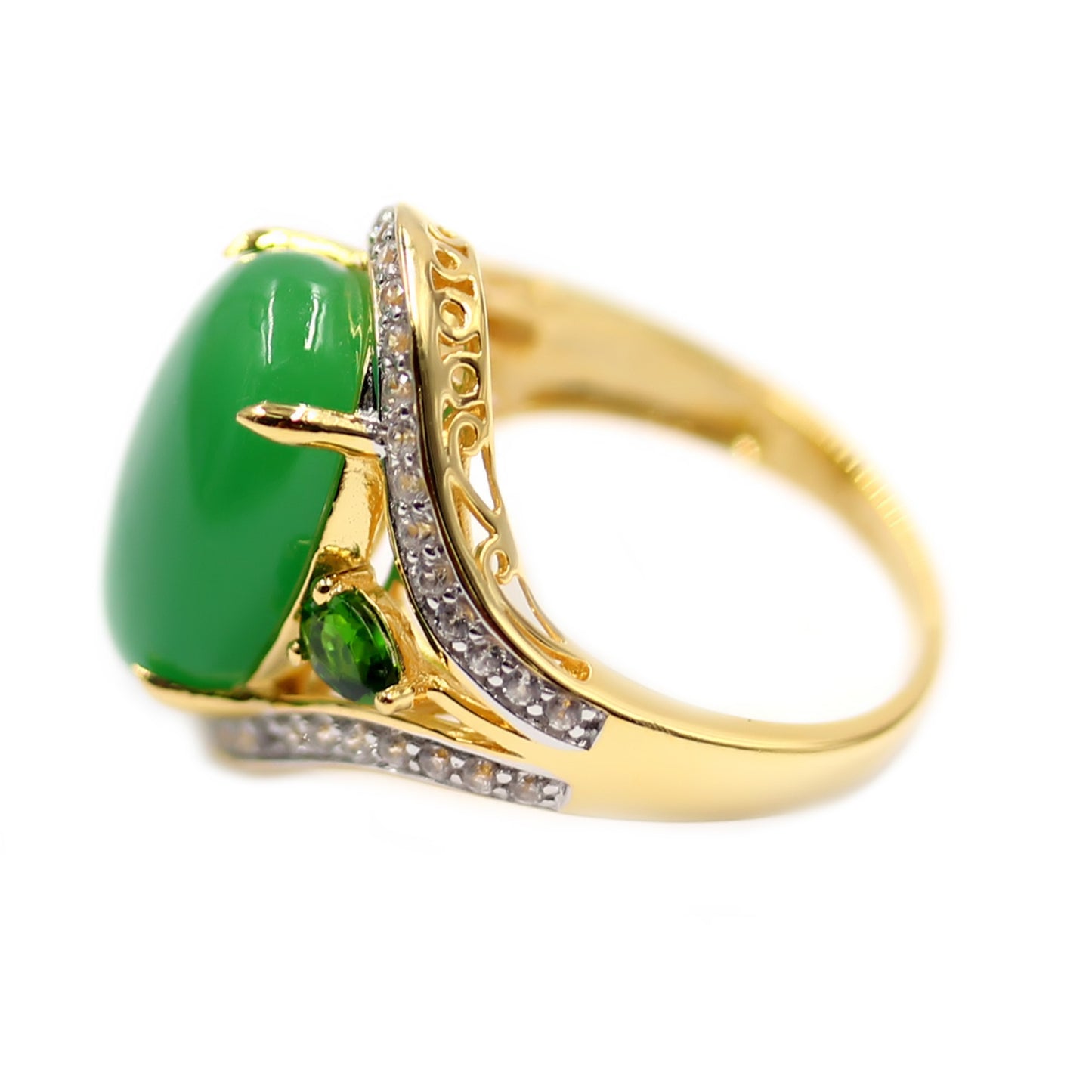 925 Sterling Silver Dyed Green Jade Chrome Diopside, White Natural Zircon Ring - Pinctore