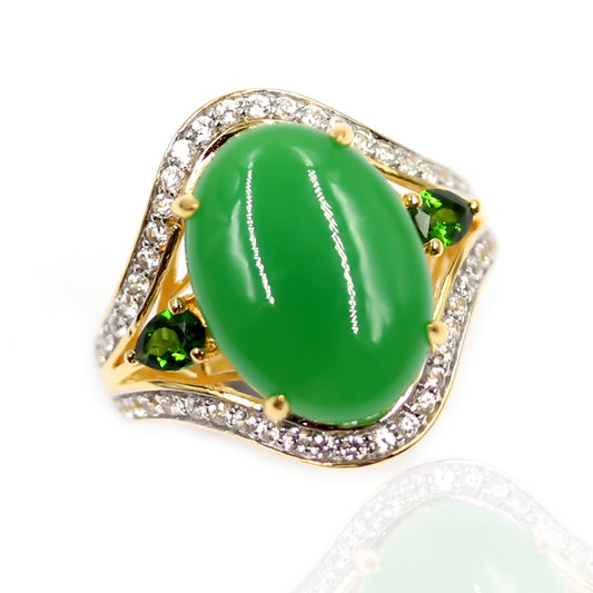 925 Sterling Silver Dyed Green Jade Chrome Diopside, White Natural Zircon Ring - Pinctore