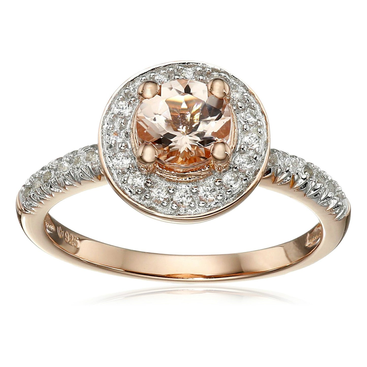Pinctore Rose Gold-Plated Silver Morganite and Natural White Zircon Halo Ring - pinctore