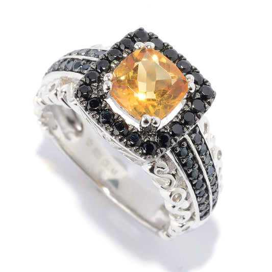 Pinctore Sterling Silver Citrine and Black Spinel Halo Ring - pinctore
