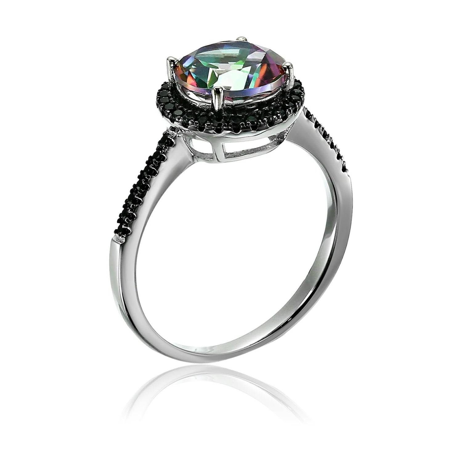 Sterling Silver Mystic Topaz and Black Spinel Halo Engagement Ring - pinctore