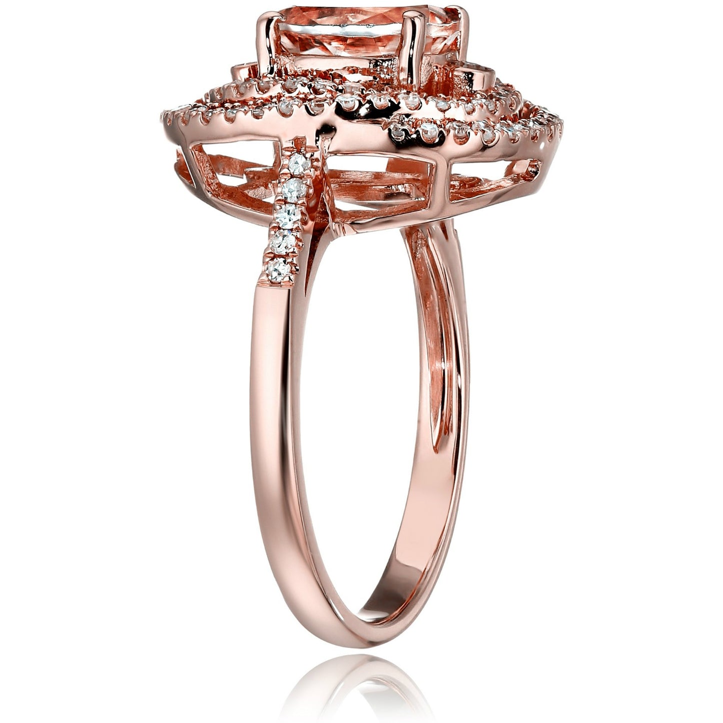 10k Rose Gold Morganite and Diamond Double Swirl Halo Oval Engagement Ring (1/3cttw, H-I Color, I1-I2 Clarity), - pinctore