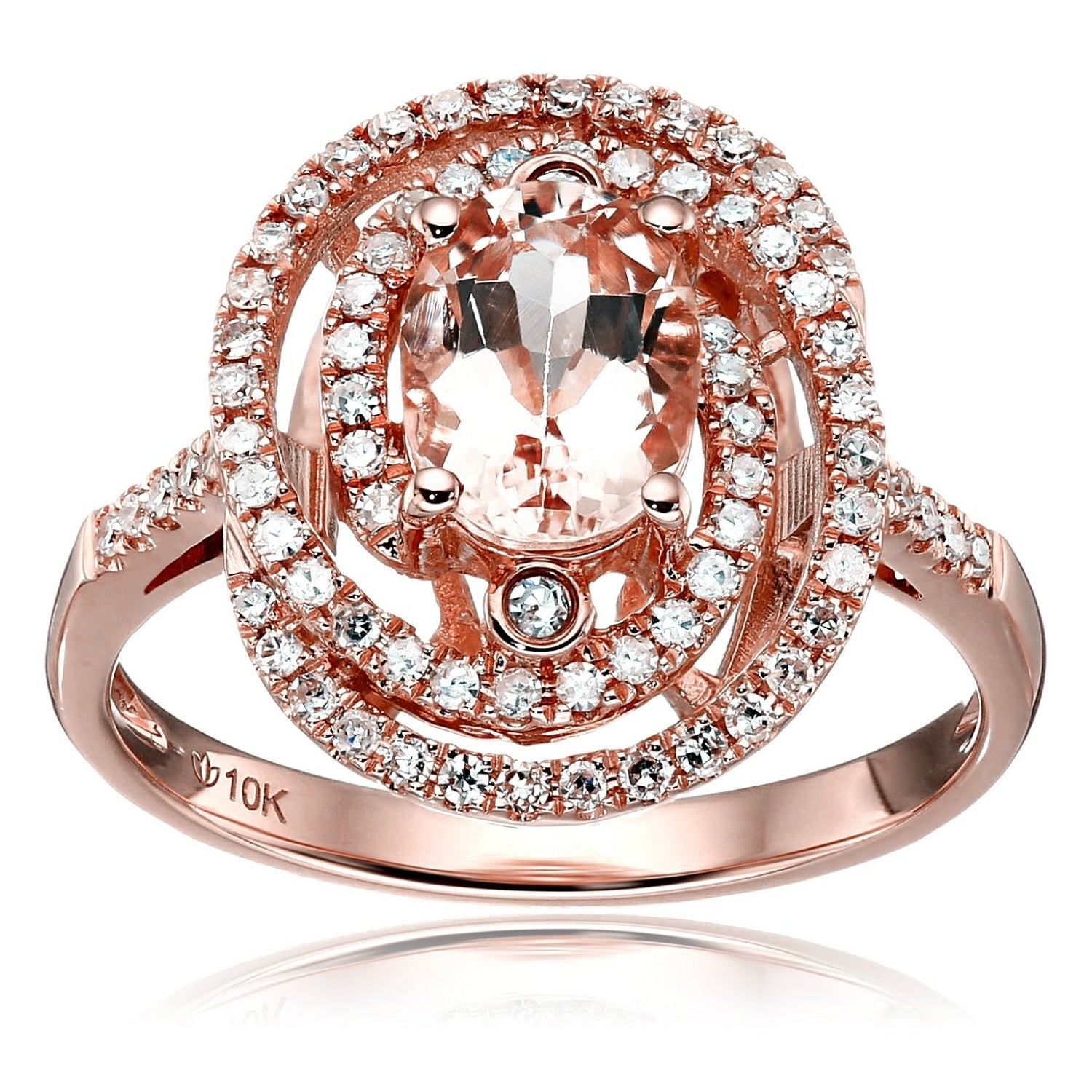 10k Rose Gold Morganite and Diamond Double Swirl Halo Oval Engagement Ring (1/3cttw, H-I Color, I1-I2 Clarity), - pinctore