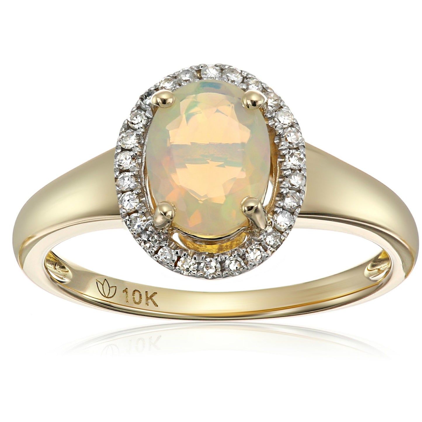 10k Yellow Gold Ethiopian Opal and Diamond Princess Diana Oval Halo Engagement Ring (1/10cttw, H-I Color, I1-I2 Clarity), - pinctore