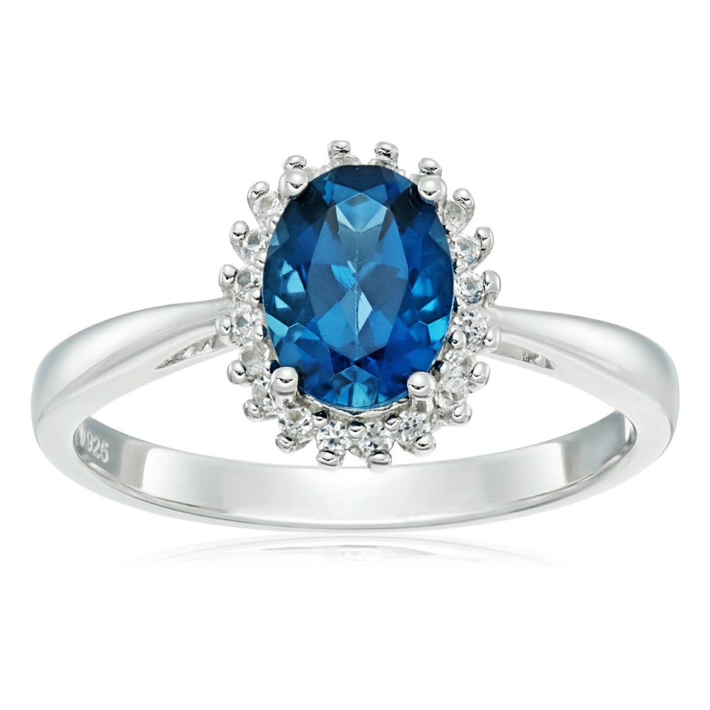 Sterling Silver London Blue Topaz and Created White Sapphire Classic Princess Di Halo Ring - pinctore