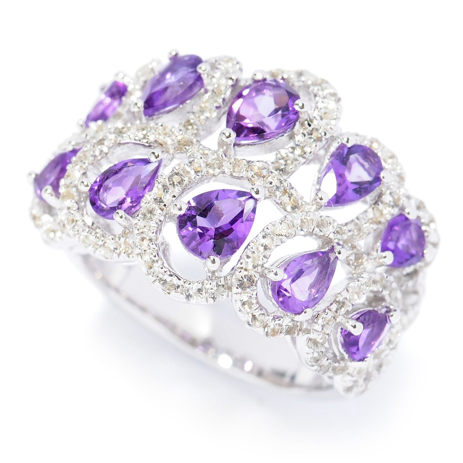 925 Sterling Silver African Amethyst, White Topaz Ring - Pinctore