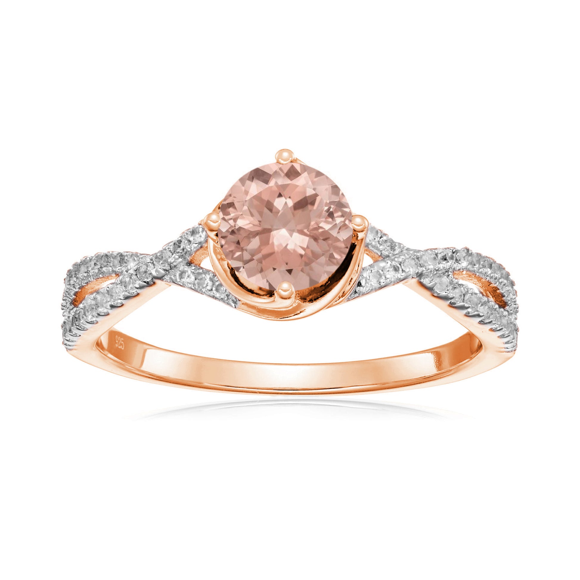 925 Sterling Silver Morganite, Created White Sapphire Ring - Pinctore