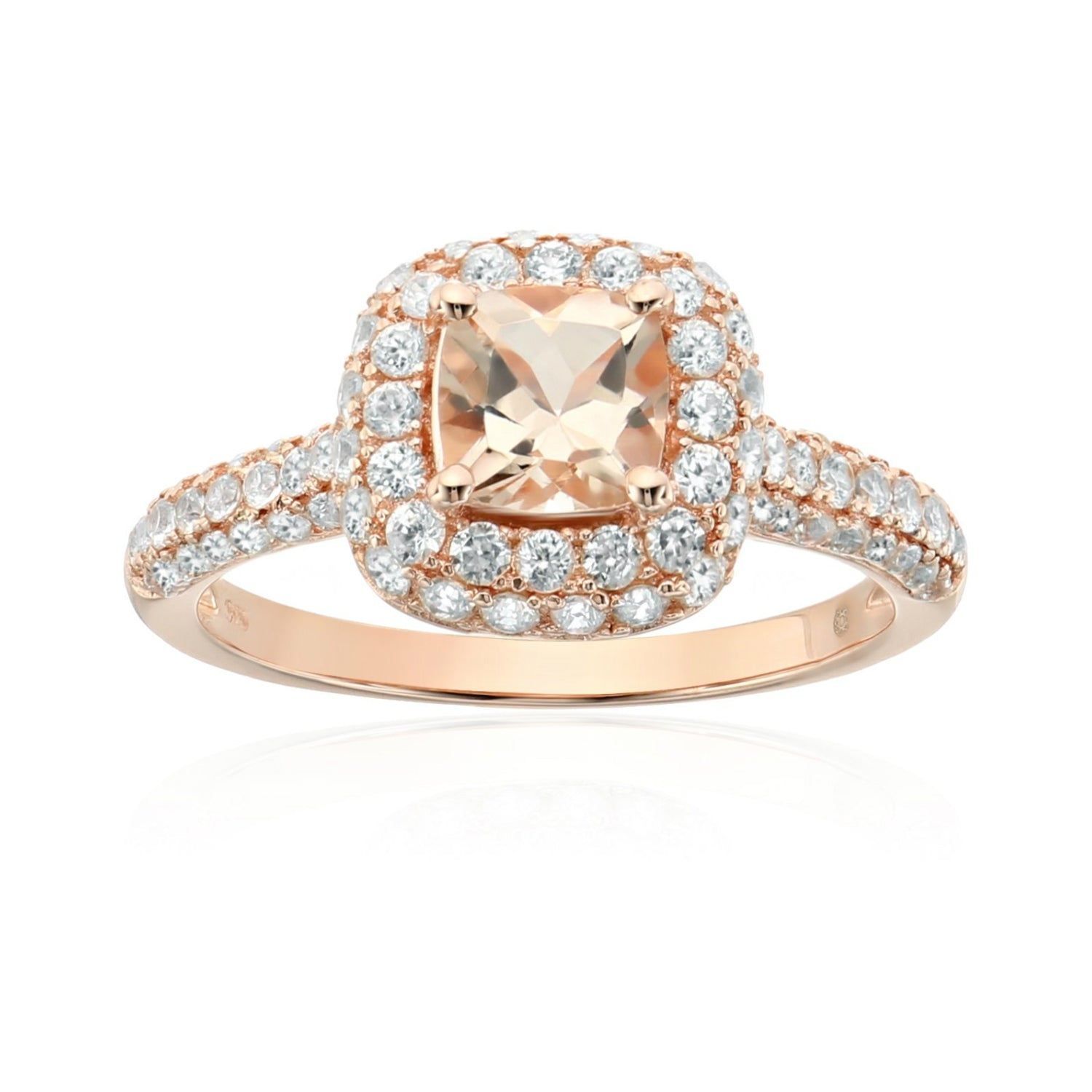 Pinctore Rose Gold-Plated Silver Morganite Cushion Halo Engagement Ring - pinctore