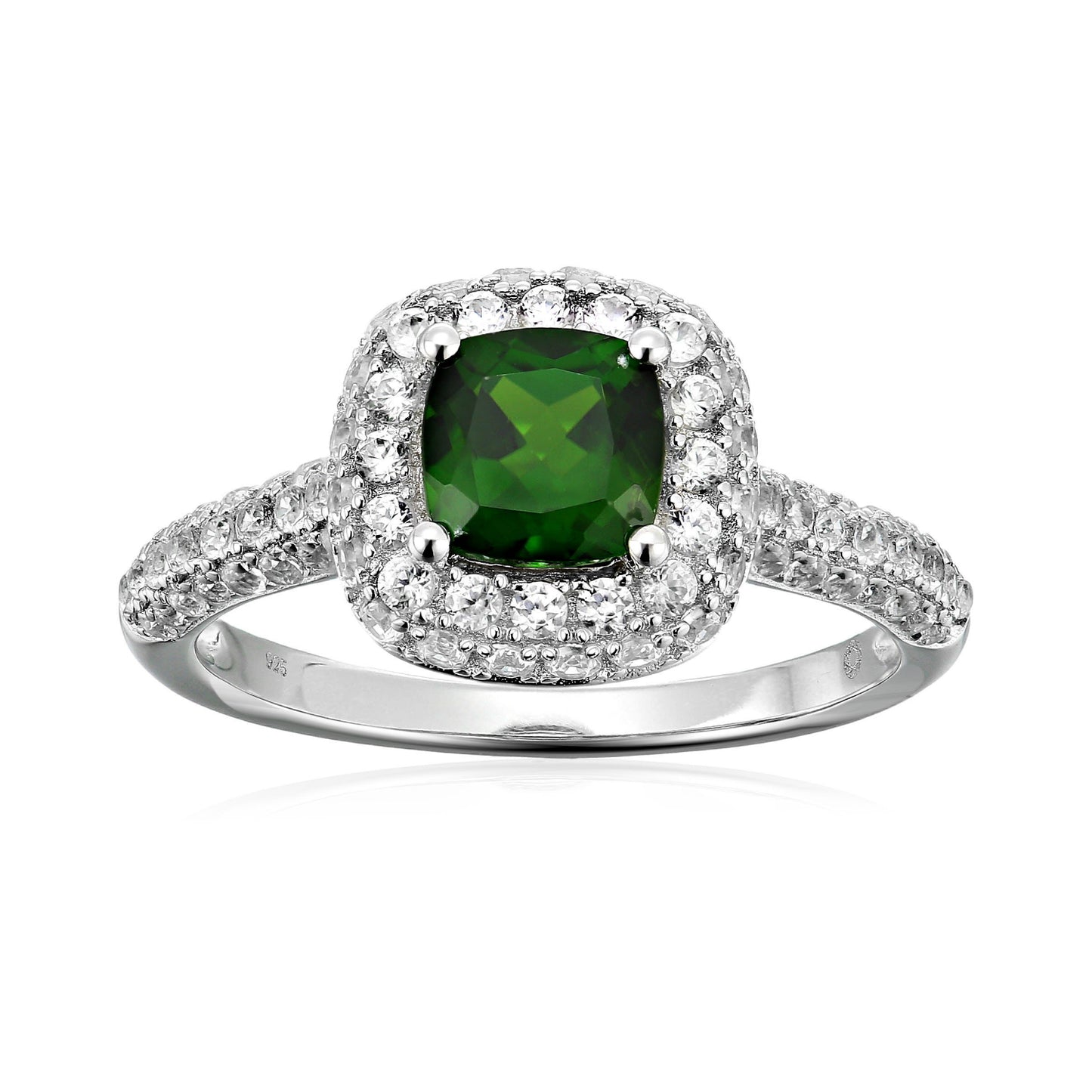 Pinctore Sterling Silver Chrome Diopside Halo Green Engagement Ring - pinctore
