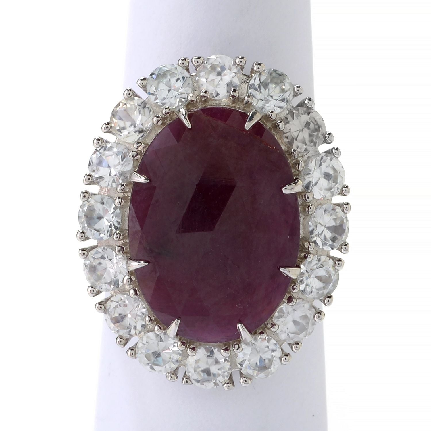925 Sterling Silver Indian Ruby, White Natural Zircon Ring - Pinctore