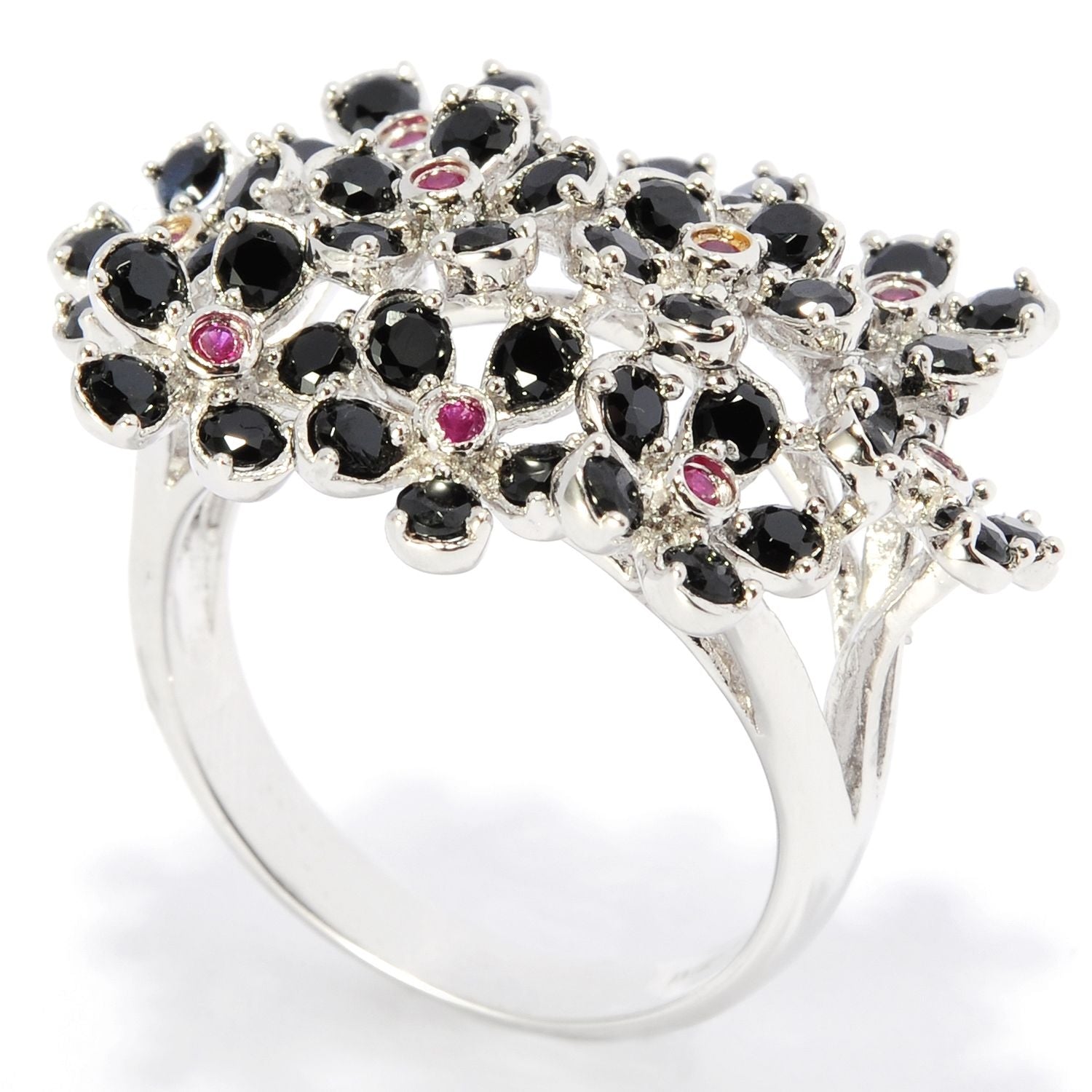 Pinctore Sterling Silver 2.12ctw Black Spinel and Ruby Cluster Ring - pinctore