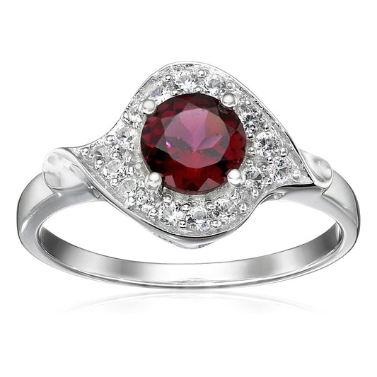 Pinctore Sterling Silver Rhodolite and Created White Sapphire Halo Solitaire Ring - pinctore