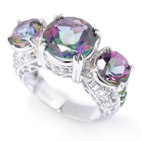925 Sterling Silver Chrome Diopside, Mystic Topaz, White Topaz Ring - Pinctore