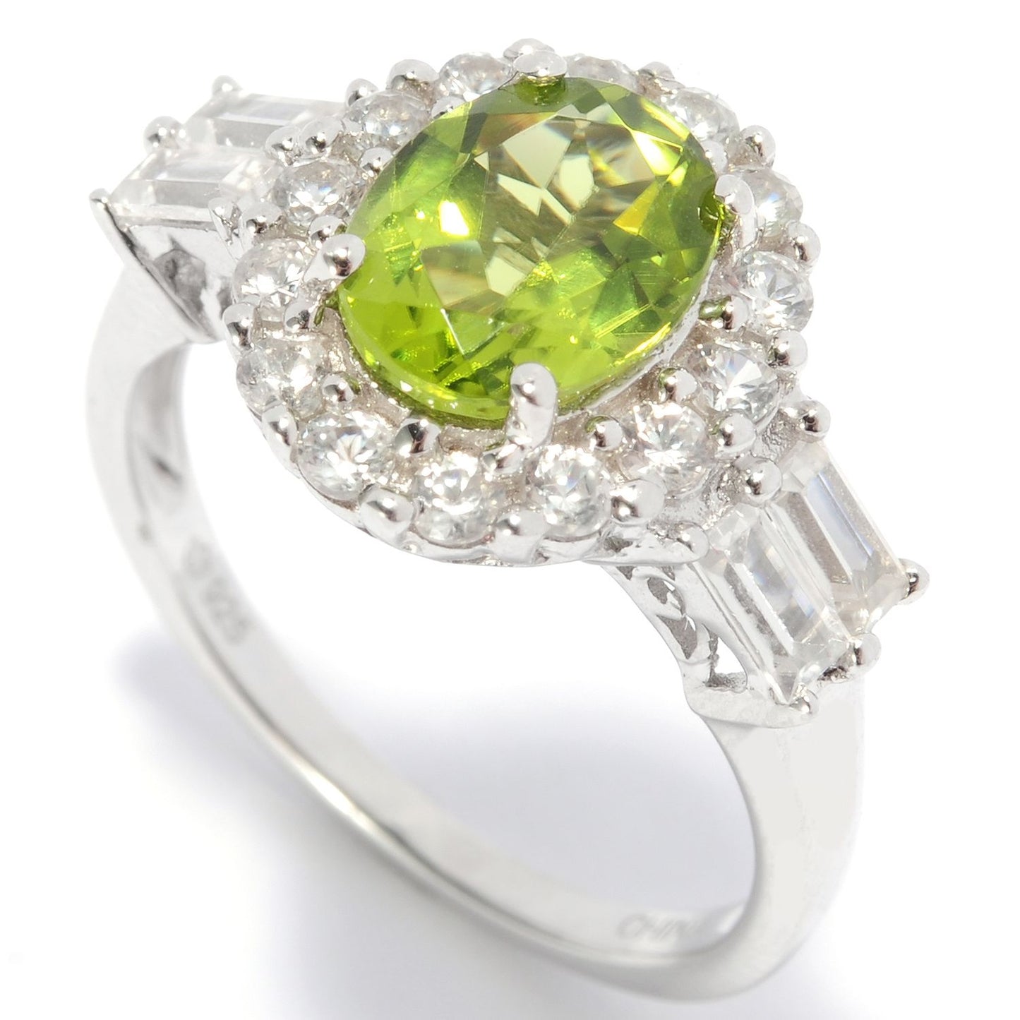 Pinctore Rhodium o/Sterling Silver 3.32ctw Peridot Solitaire w/Accent Ring - pinctore