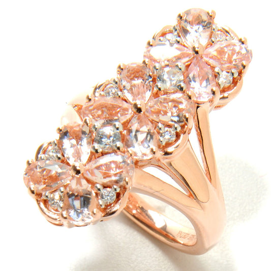 Pinctore 18K Rose Vermeil over Sterling Silver Morganite White Zircon Elongated Flower Ring - pinctore