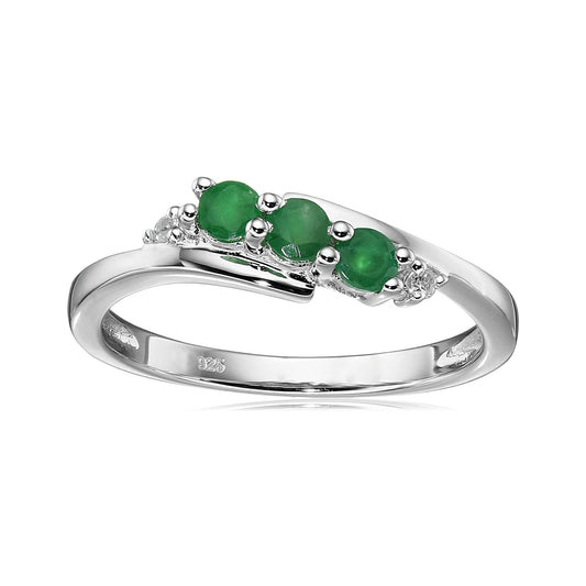 925 Sterling Silver Zambian Emerald, White Natural Zircon 3-Stone Ring - Pinctore