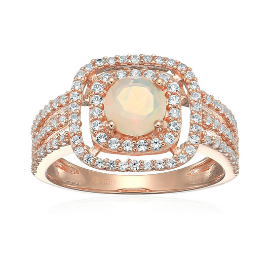 Pinctore Rose Gold-Plated Silver Ethiopian Opal And Created White Sapphire Double Halo Engagement Ring - pinctore
