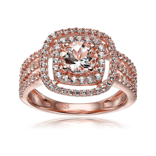Pinctore Rose Gold-Plated Silver Morganite and Created White Sapphire Double Halo Engagement Ring