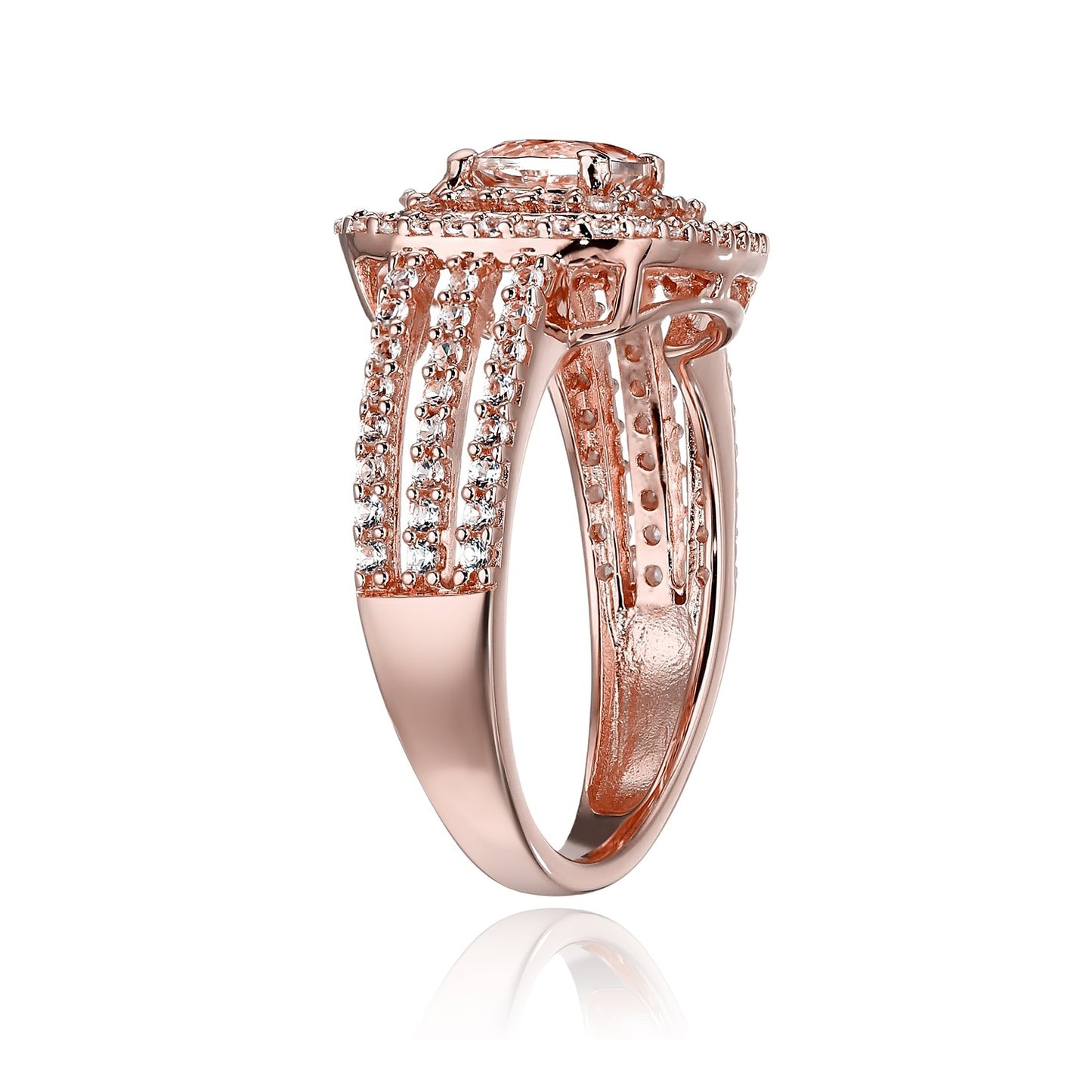 Pinctore Rose Gold-Plated Silver Morganite and Created White Sapphire Double Halo Engagement Ring