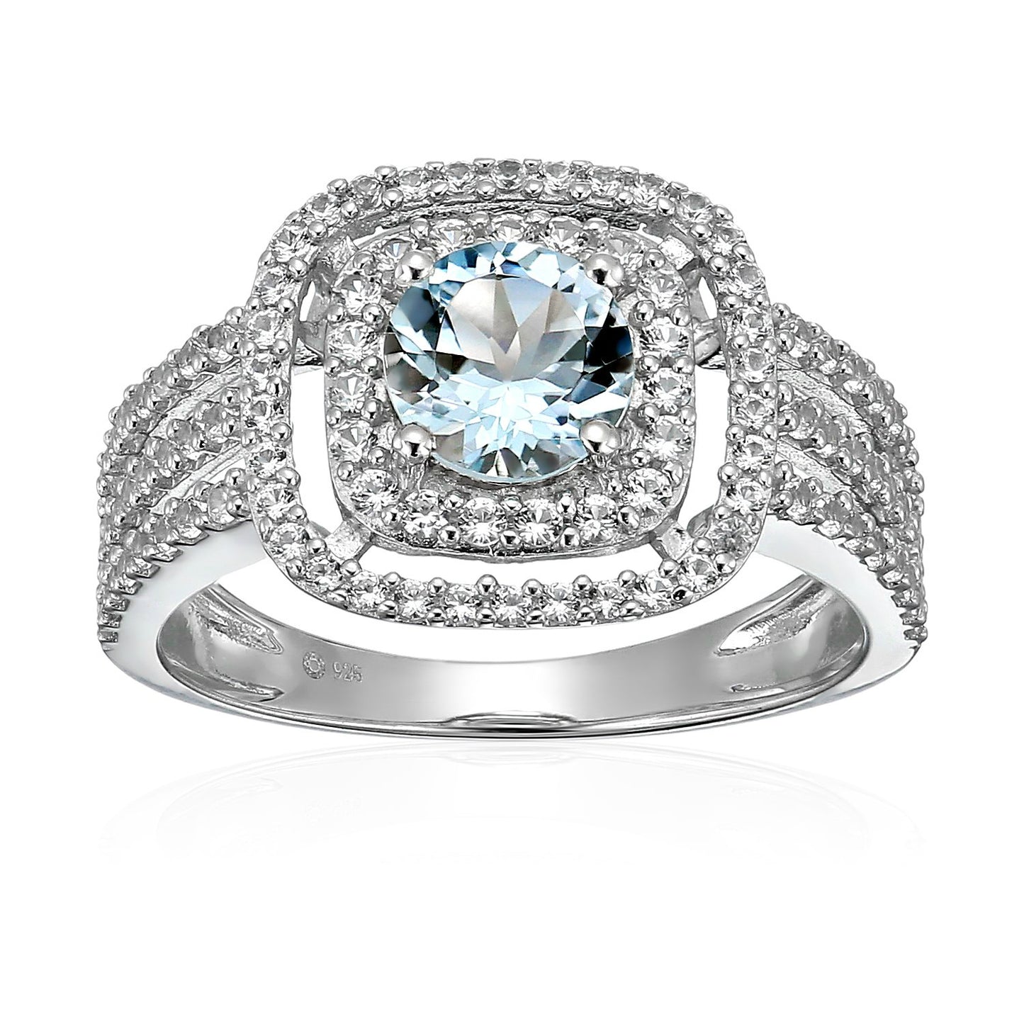 Sterling Silver Aquamarine And Created White Sapphire Double Halo Engagement Ring - pinctore