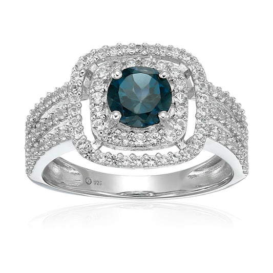 Pinctore Sterling Silver London Blue Topaz And Created White Sapphire Double Halo Engagement Ring - pinctore