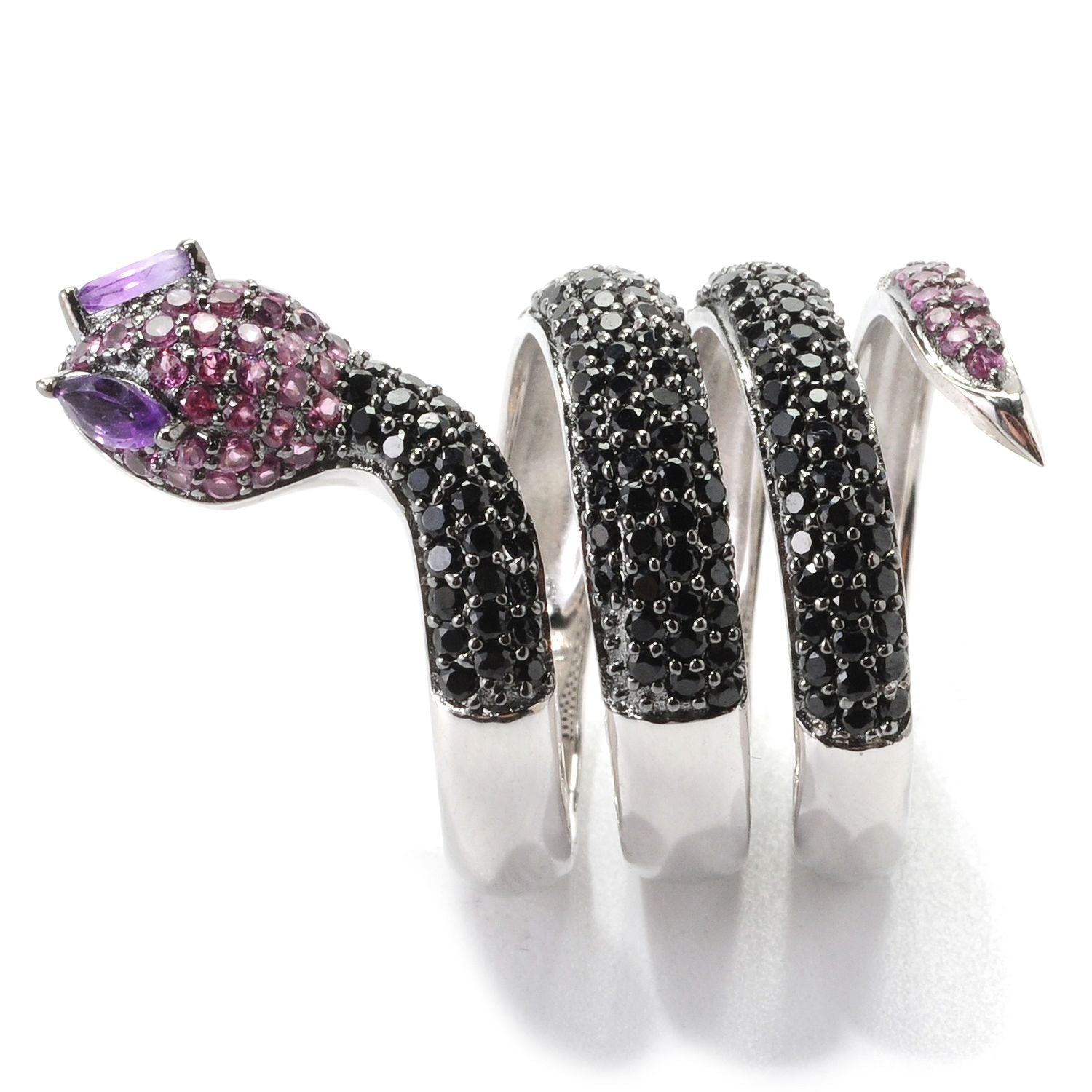 Sterling Silver 2.41Ctw Black Spinel and Multi Gem Snake Wrap Ring - Pinctore