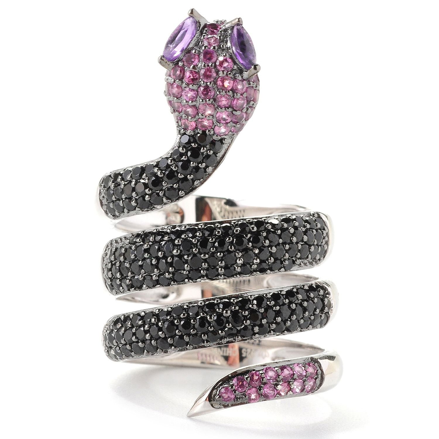 Sterling Silver 2.41Ctw Black Spinel and Multi Gem Snake Wrap Ring - Pinctore