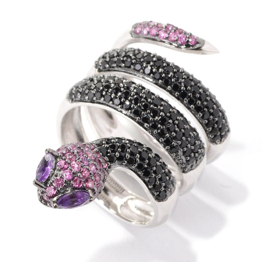 Sterling Silver 2.41Ctw Black Spinel and Multi Gem Snake Wrap Ring - Pinctore