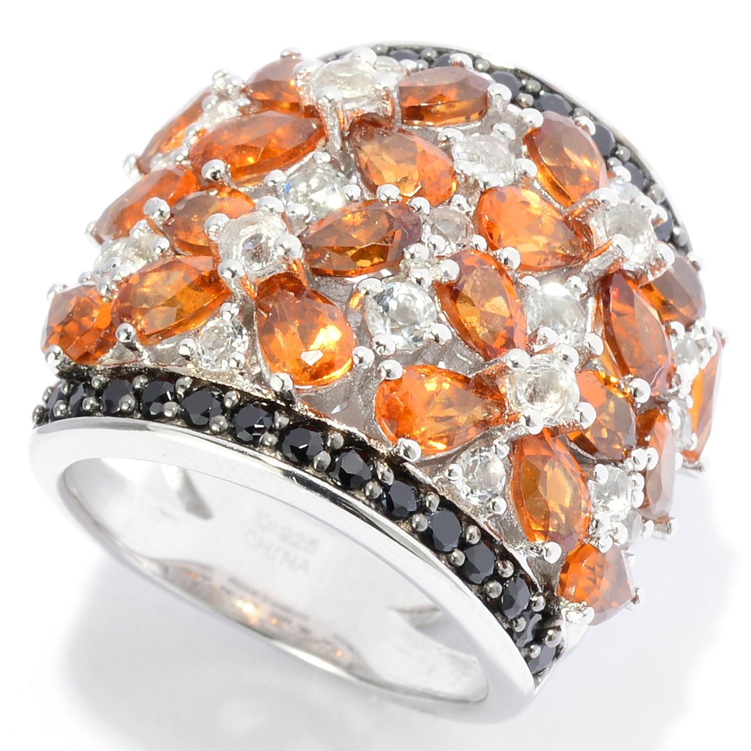 Pinctore Ster Silver 7.5ctw Hessonite Garnet,White Topaz & Black Spinel Band Ring - pinctore