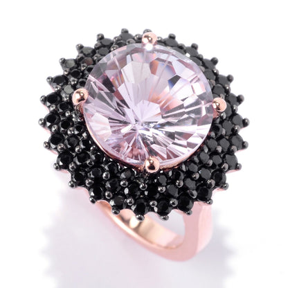 Pinctore 18K Rose Vermeil 12mm Round Pink Amethyst,Black Spinel Halo Cocktail Ring - pinctore